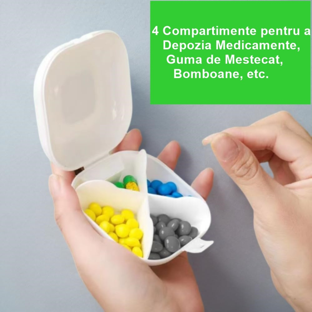 Cutie depozitare medicamente, 4 compartimente, inchidere etans, portabila, patrat, alb/gri, pp, 7.6x2.9x7.8 cm [3]