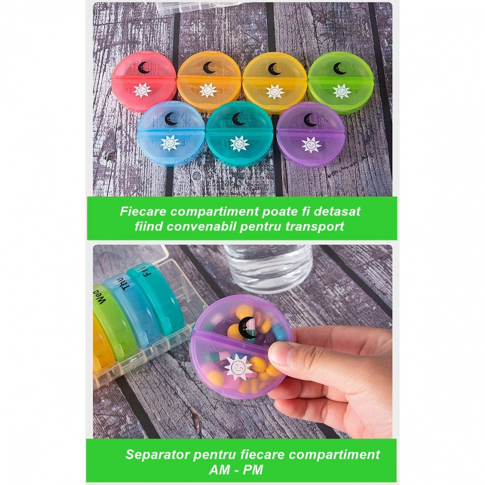 Cutie depozitare medicamente, 7 zile, 14 compartimente, cutie suport, recipiente detasabile, portabila, multicolor, 17.5x11x9.5 cm [5]