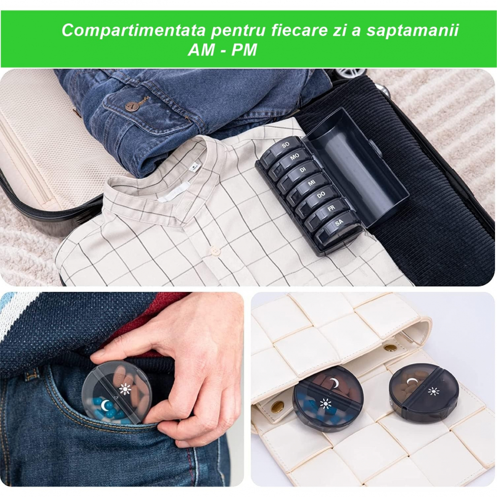 Cutie depozitare medicamente, 7 zile, 14 compartimente, cutie suport, recipiente detasabile, portabila, negru, 17.5x11x9.5 cm [4]