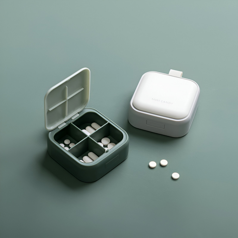Cutie depozitare medicamente mini, 4 compartimente, inchidere etans, portabila, patrat, gri, pp, 7.5x7.5x3 cm [5]
