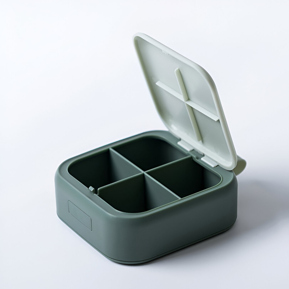 Cutie depozitare medicamente mini, 4 compartimente, inchidere etans, portabila, patrat, verde, pp, 7.5x7.5x3 cm [3]