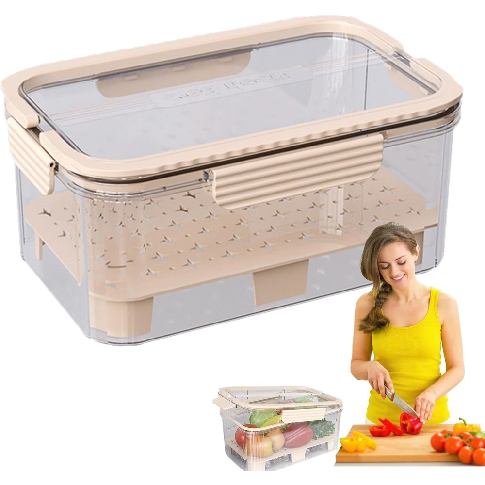 Cutie pentru depozitare alimente, de uz casnic, 2 compartimente, zona pentru gheata, mentinere fresh, cu maner, material pet, 23x15x10.8 cm, bej [4]