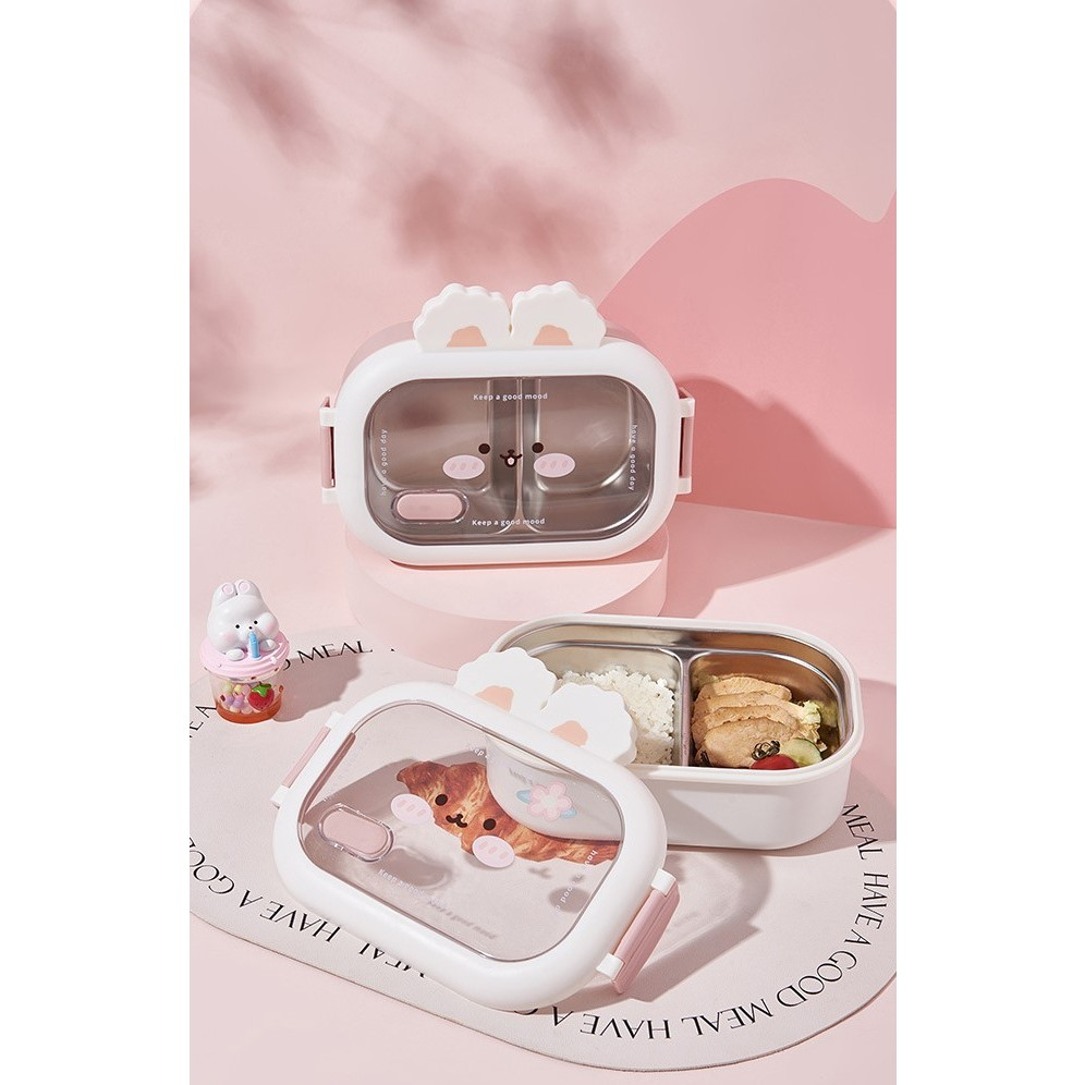 Cutie pentru pranz sau gustari, cu doua compartimente, model iepuras, pentru copii si adulti, etansare, pp, perfect pentru scoala si birou, 1000 ml, 22x17.8x8 cm, alb [2]