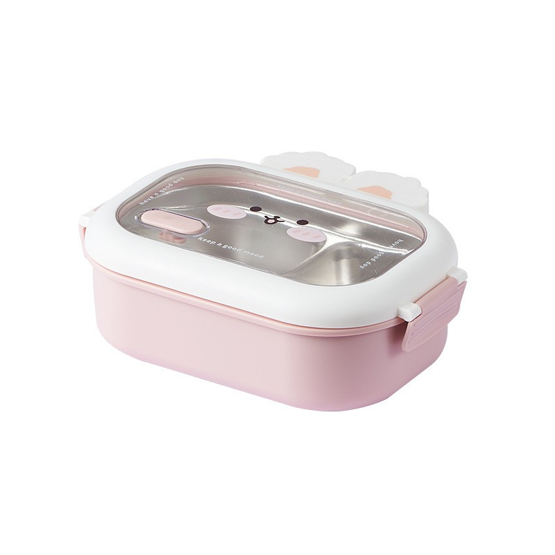 Cutie pentru pranz sau gustari, cu doua compartimente, model iepuras, pentru copii si adulti, etansare, pp, perfect pentru scoala si birou, 1000 ml, 22x17.8x8 cm, roz [1]