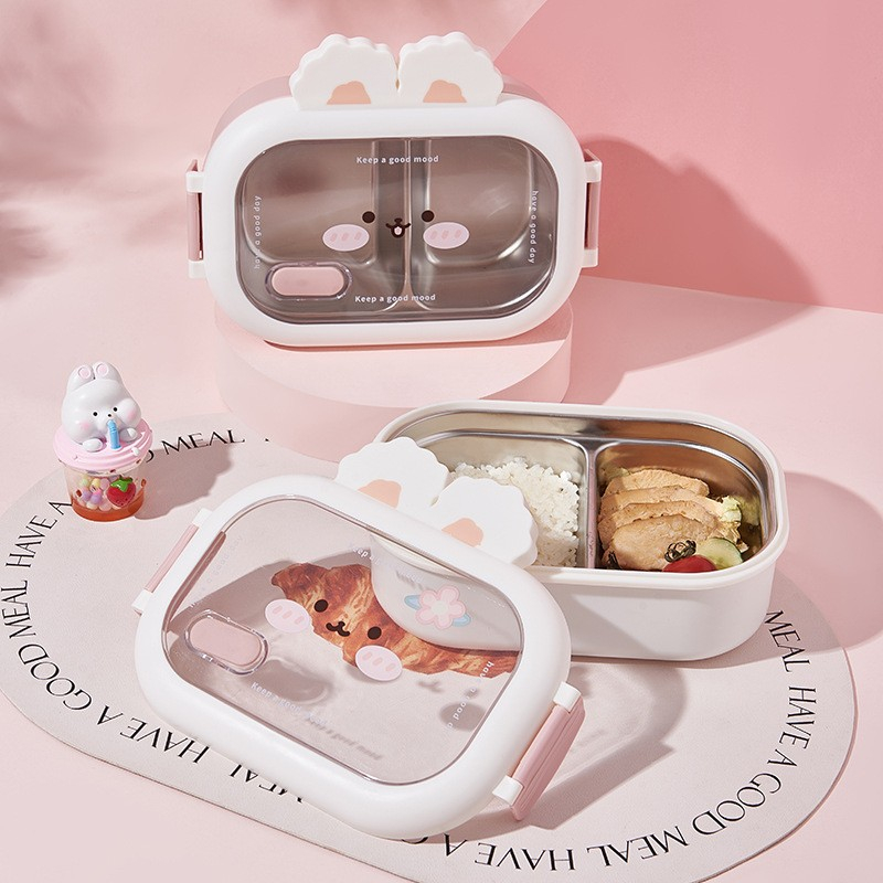 Cutie pentru pranz sau gustari, cu doua compartimente, model iepuras, pentru copii si adulti, etansare, pp, perfect pentru scoala si birou, 1000 ml, 22x17.8x8 cm, alb [6]