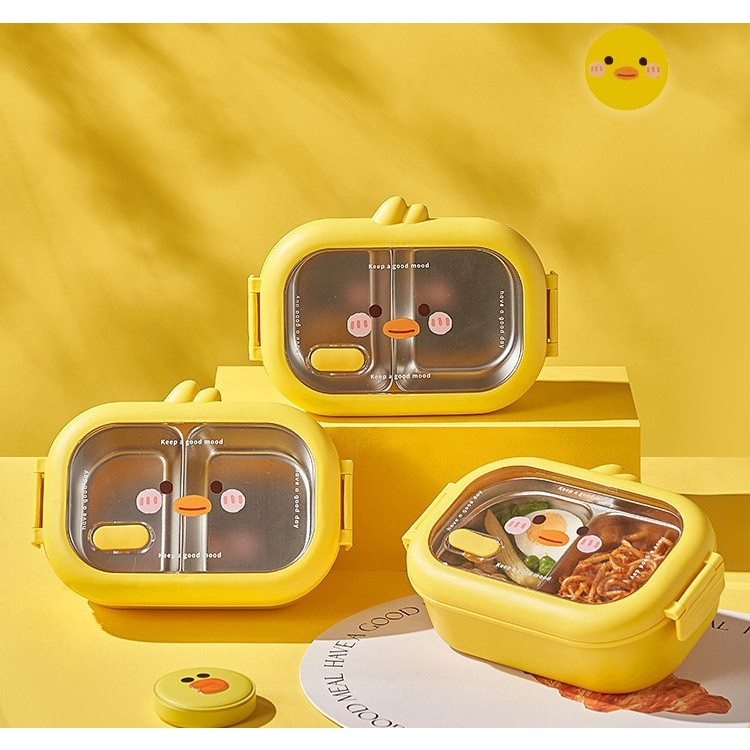 Cutie pentru pranz sau gustari, cu doua compartimente, model ratusca, pentru copii si adulti, etansare, pp, perfect pentru scoala si birou, 1000 ml, 22.5x14.5x8 cm, galben [6]