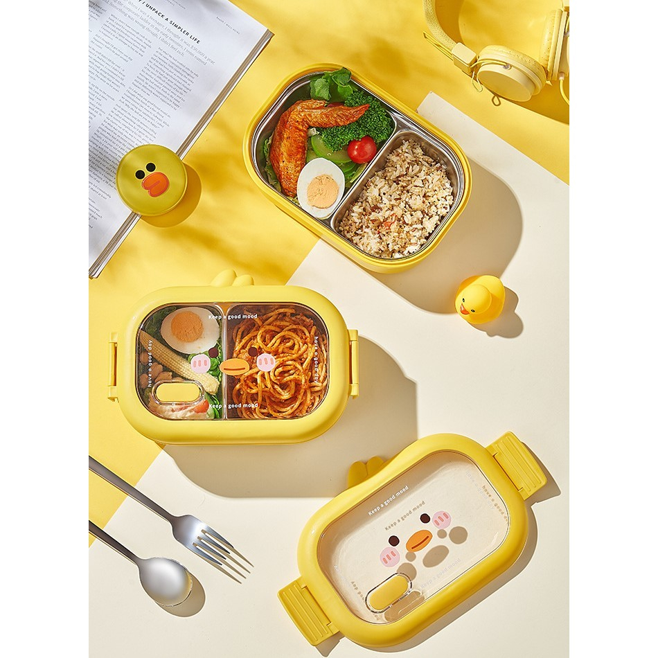 Cutie pentru pranz sau gustari, cu doua compartimente, model ratusca, pentru copii si adulti, etansare, pp, perfect pentru scoala si birou, 1000 ml, 22.5x14.5x8 cm, galben [10]
