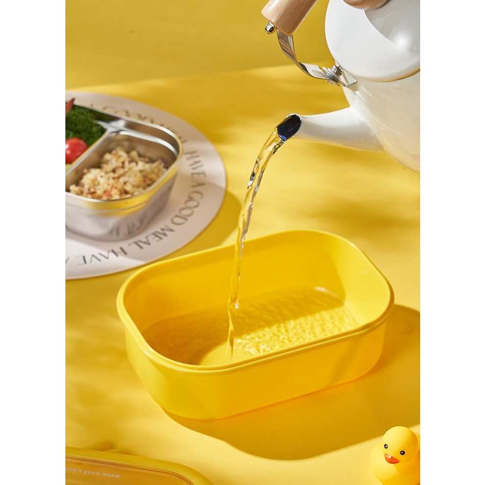 Cutie pentru pranz sau gustari, cu doua compartimente, model ratusca, pentru copii si adulti, etansare, pp, perfect pentru scoala si birou, 1000 ml, 22.5x14.5x8 cm, galben [12]