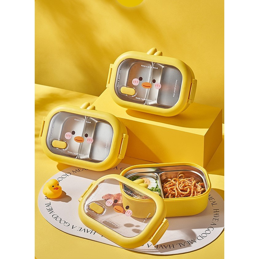 Cutie pentru pranz sau gustari, cu doua compartimente, model ratusca, pentru copii si adulti, etansare, pp, perfect pentru scoala si birou, 1000 ml, 22.5x14.5x8 cm, galben [7]