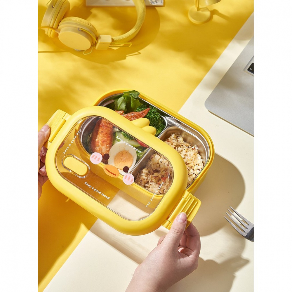 Cutie pentru pranz sau gustari, cu doua compartimente, model ratusca, pentru copii si adulti, etansare, pp, perfect pentru scoala si birou, 1000 ml, 22.5x14.5x8 cm, galben [8]