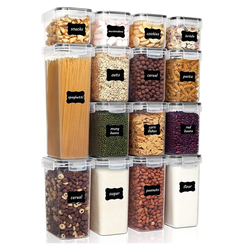 Cutii de depozitare alimente, set din 15 cutii pentru condimente, cereale, cutii pentru bucatarie, din plastic pp, cutii alimentare, diferite dimensiuni, transparente [1]