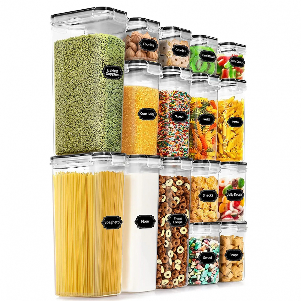 Cutii de depozitare alimente, set din 16 cutii pentru condimente, cereale, cutii pentru bucatarie, din plastic pp, cutii alimentare, diferite dimensiuni, transparente [1]