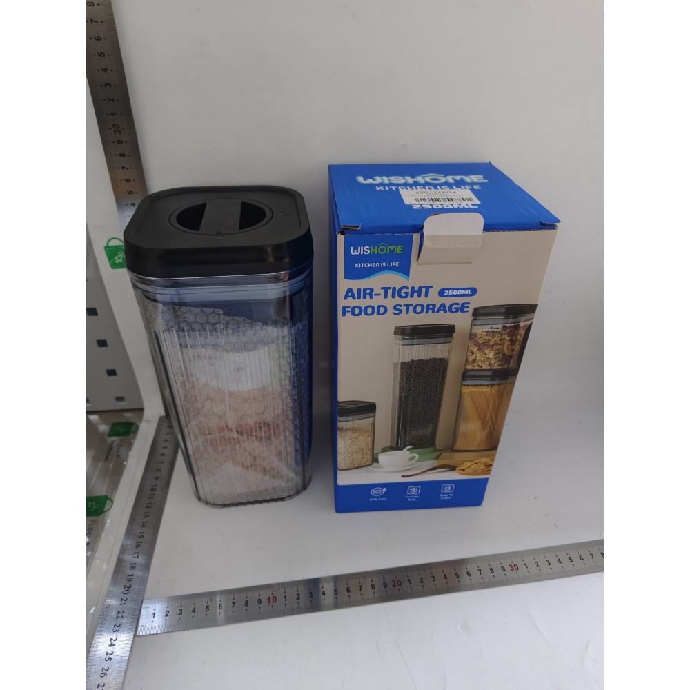 Cutii de depozitare alimente, set din 2 cutii de tip container de 1.2 si 2.5 l, recipiente pentru cereale in bucatarie, transparente cu capac negru [2]