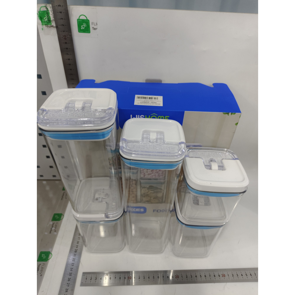 Cutii de depozitare alimente, set din 5 cutii de tip container, 1x0.5 l, 2x0.8 l, 1x1.2 l, 1x1.9 l, recipiente pentru cereale in bucatarie,  transparente cu capac albastru-alb [4]