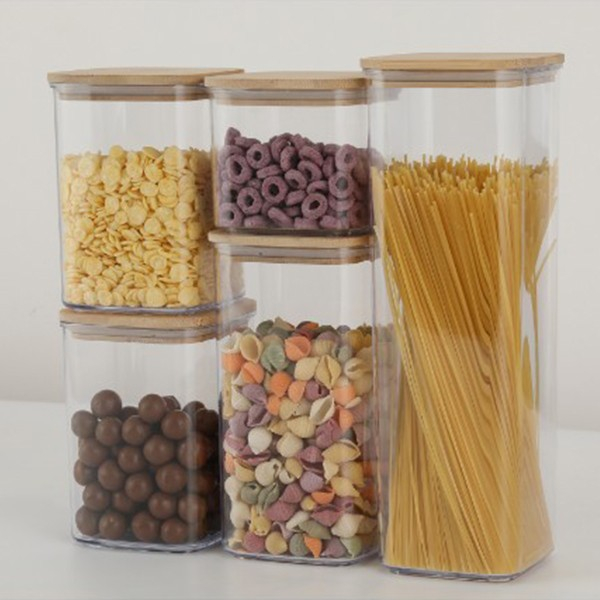 Cutii de depozitare alimente, set din 5 cutii de tip container, cutii pentru cereale, din plastic, capac din bambuc, 1pc 0.5 l. 2pc 0.8 l, 2pc 1.2 l, 1pc 1.9 l,  transparente [2]