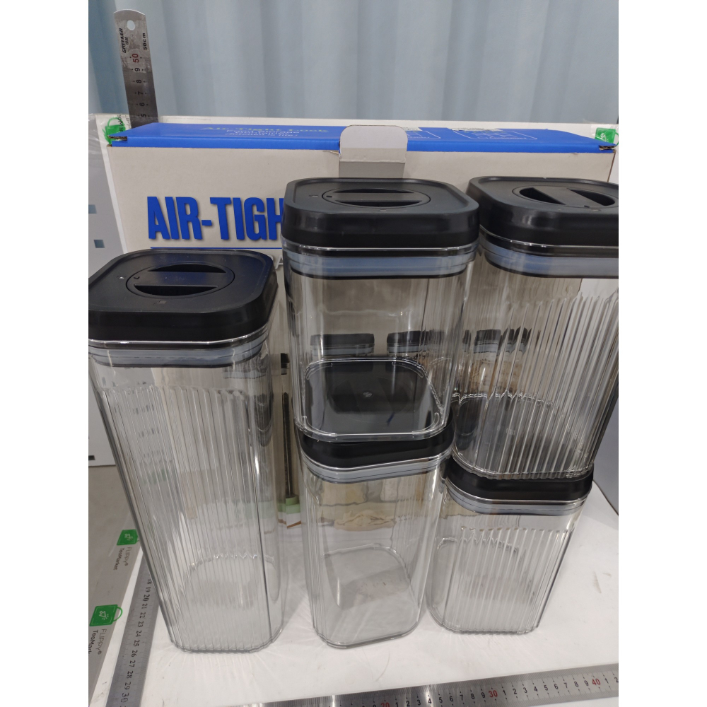 Cutii de depozitare alimente, set din 5 cutii de tip container, recipiente pentru cereale in bucatarie,  transparente cu capac negru [2]