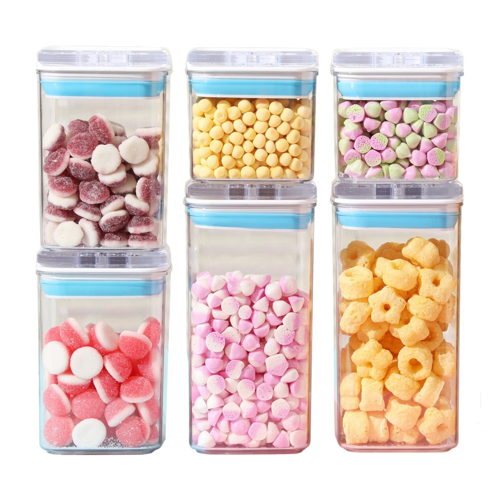 Cutii de depozitare alimente, set din 6 cutii de tip container, 2x0.5 l, 2x0.8 l, 2x1.2 l, recipiente pentru cereale in bucatarie,  transparente cu capac albastru-alb [1]