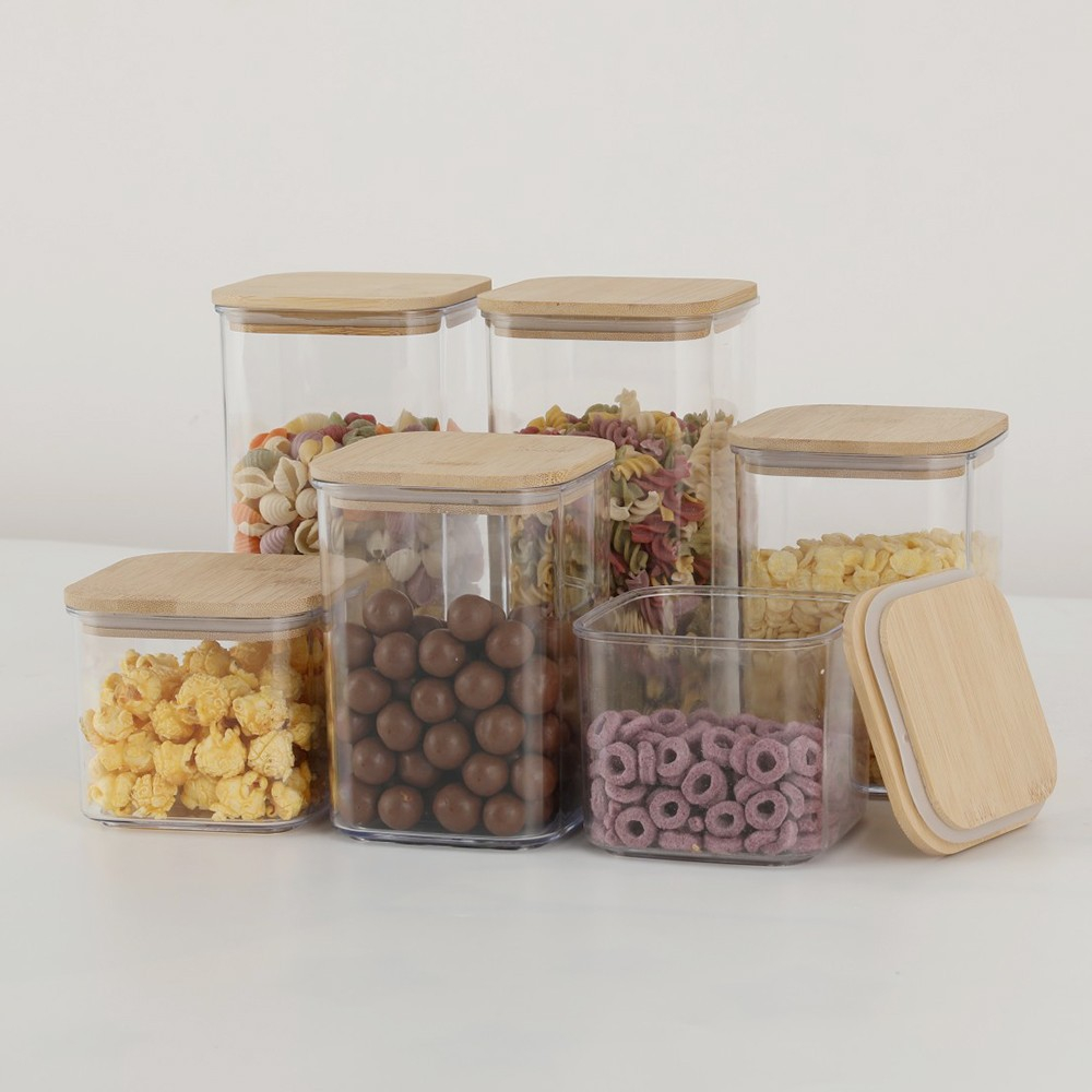 Cutii de depozitare alimente, set din 6 cutii de tip container, cutii pentru cereale, din plastic, capac din bambuc, 2pc 0.5 l. 2pc 0.8 l, 2pc 1.2 l, transparente [4]