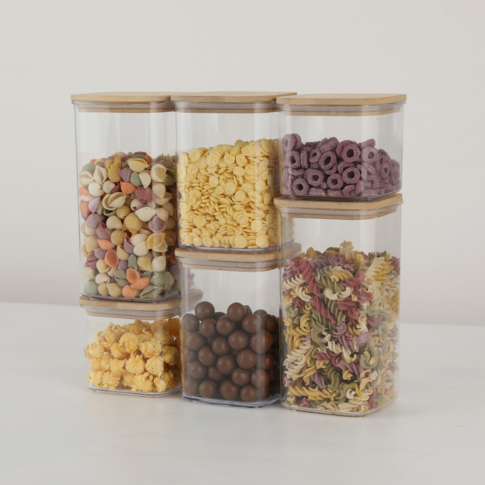 Cutii de depozitare alimente, set din 6 cutii de tip container, cutii pentru cereale, din plastic, capac din bambuc, 2pc 0.5 l. 2pc 0.8 l, 2pc 1.2 l, transparente [2]