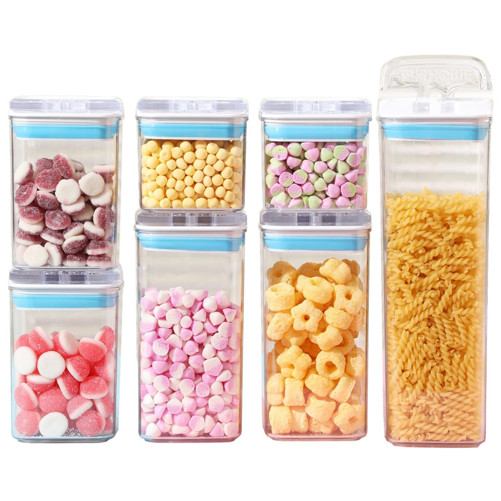 Cutii de depozitare alimente, set din 7 cutii de tip container, 2x0.5 l, 2x0.8 l, 2x1.2 l, 1x1.9 l, recipiente pentru cereale in bucatarie,  transparente cu capac albastru-alb [1]