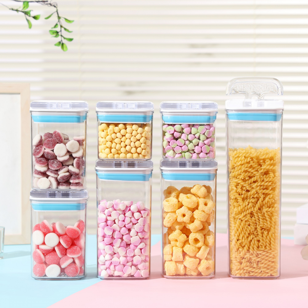 Cutii de depozitare alimente, set din 7 cutii de tip container, 2x0.5 l, 2x0.8 l, 2x1.2 l, 1x1.9 l, recipiente pentru cereale in bucatarie,  transparente cu capac albastru-alb [2]