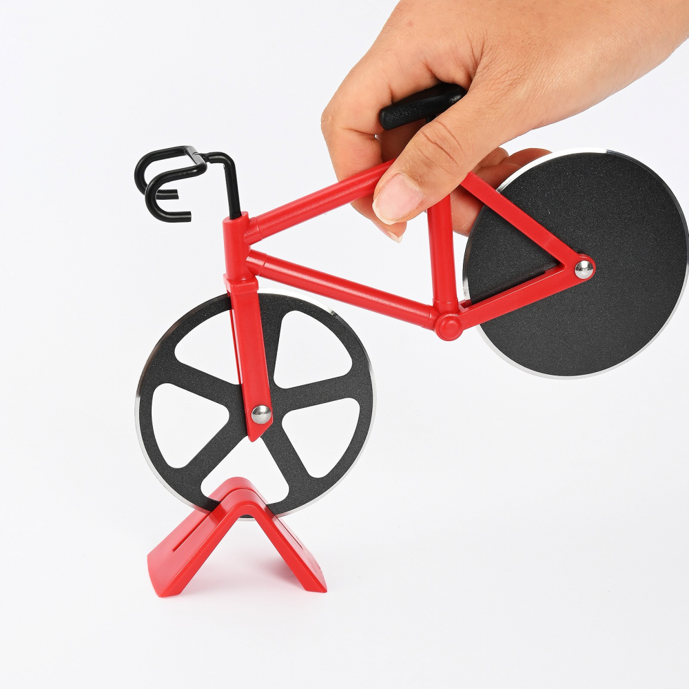 Cutit pizza creativ  in forma de bicicleta, cu suport pentru cutit, 19 x 12.5 cm, otel/pp, negru [4]