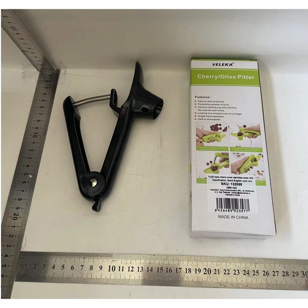 Dispozitiv de scos samburi, manual, cu 1 gaura, pentru cirese/masline, 20.5 x 3.8 x 13 cm, din abs+otel inoxidabil, cu maner, negru [2]