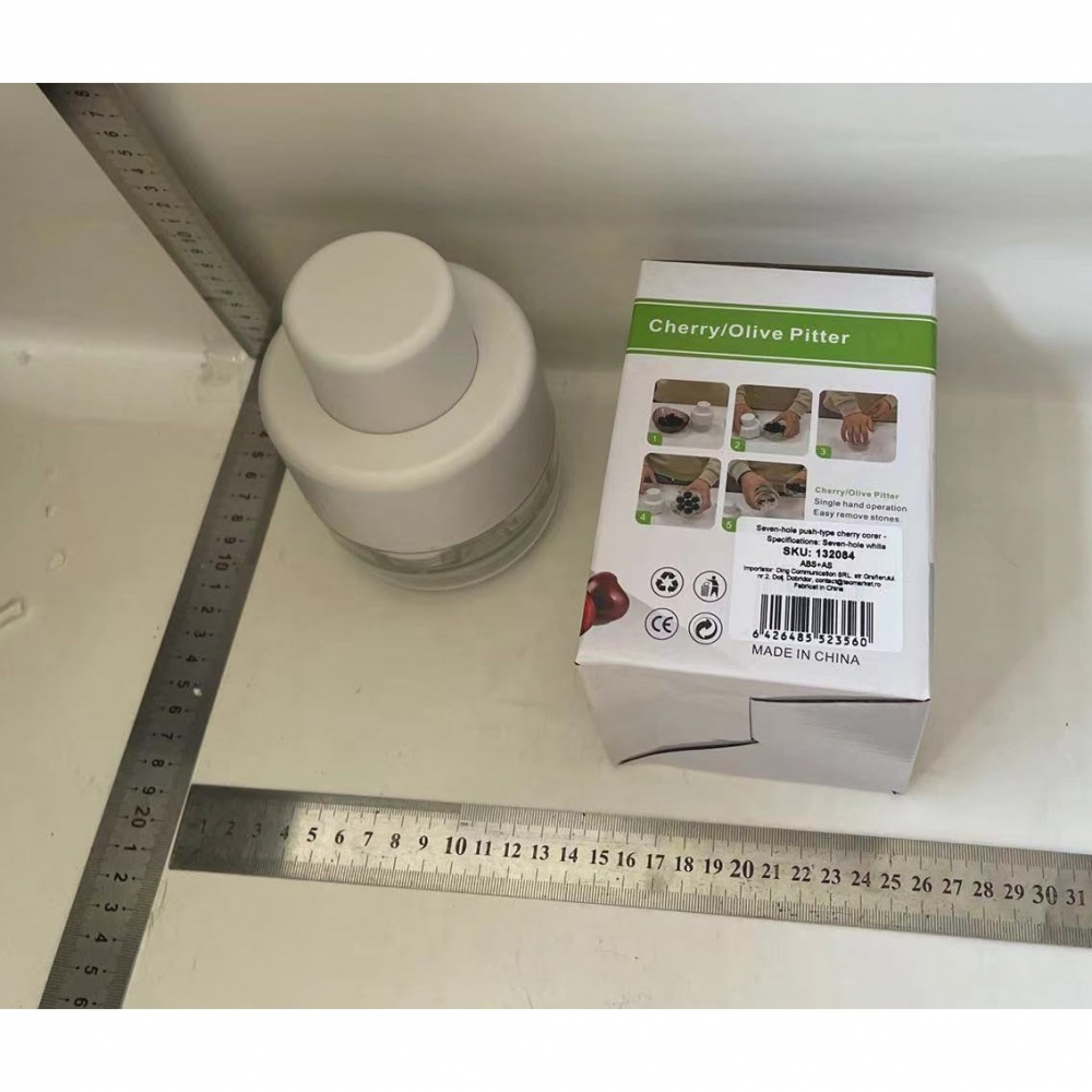 Dispozitiv de scos samburi, manual, cu 7 gauri, pentru cirese, 13 x 9.2 cm, din abs, alb [2]
