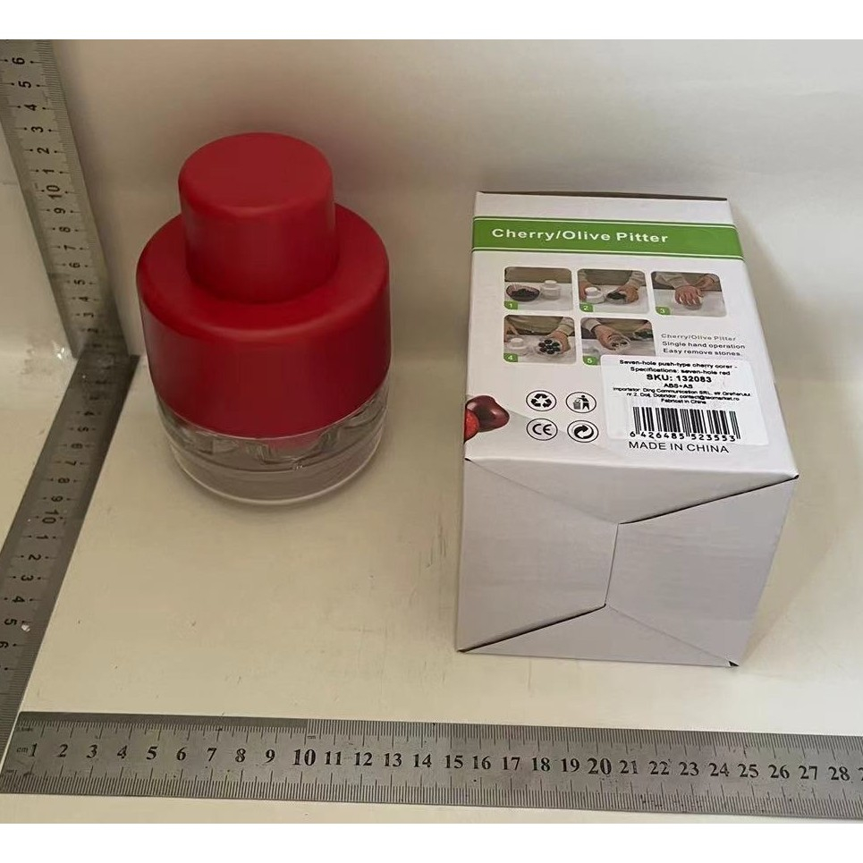 Dispozitiv de scos samburi, manual, cu 7 gauri, pentru cirese, 13 x 9.2 cm, din abs, rosu [2]