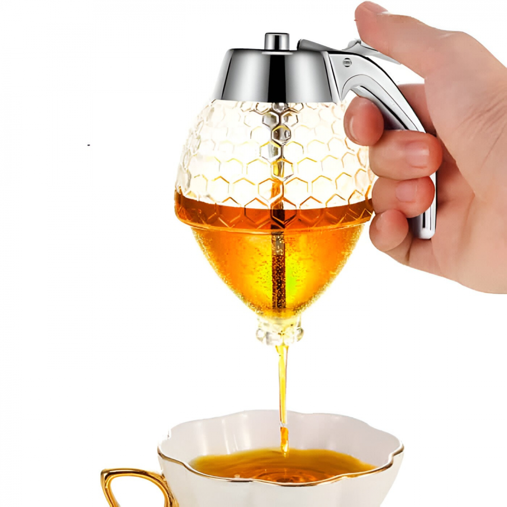Dozator de miere, dispenser fara picurare, borcan tip fagure, fara scurgeri, pentru zahar si sirop, 15x8 cm, transparent [4]