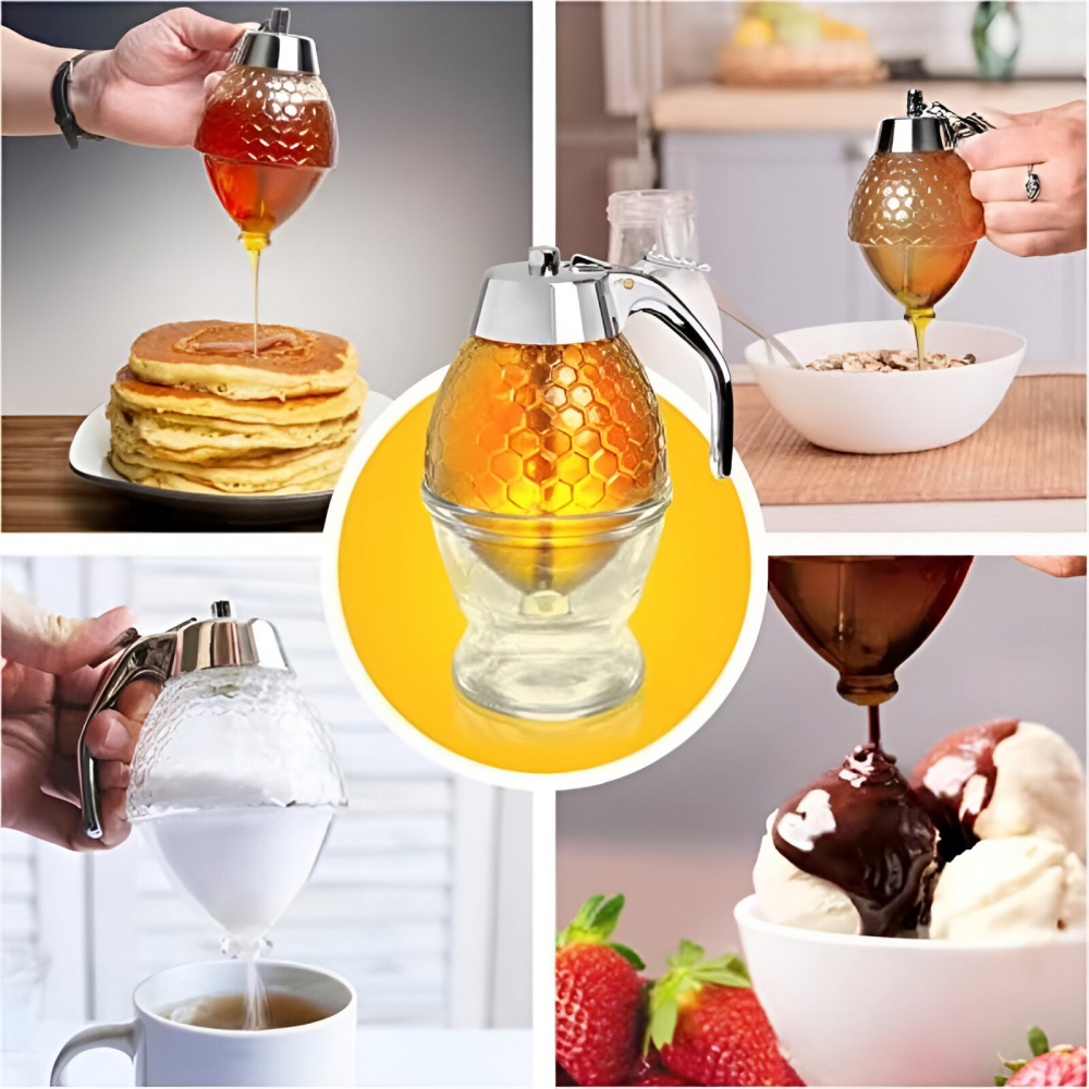 Dozator de miere, dispenser fara picurare, borcan tip fagure, fara scurgeri, pentru zahar si sirop, 15x8 cm, transparent [2]