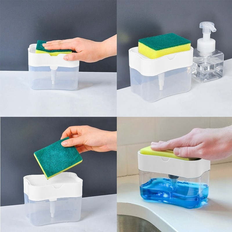 Dozator  dispenser 2 in 1 pentru detergent lichid de vase sau pentru obiecte sanitare cu suport pentru burete de bucatarie ,14 x 10.5 x 10 cm, capacitate 380 ml, alb [2]