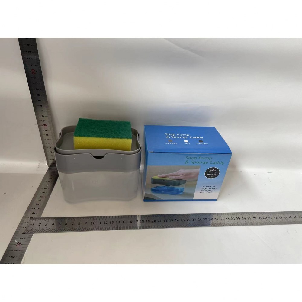 Dozator  dispenser 2 in 1 pentru detergent lichid de vase sau pentru obiecte sanitare cu suport pentru burete de bucatarie ,14 x 10.5 x 10 cm, capacitate 380 ml, gri [5]
