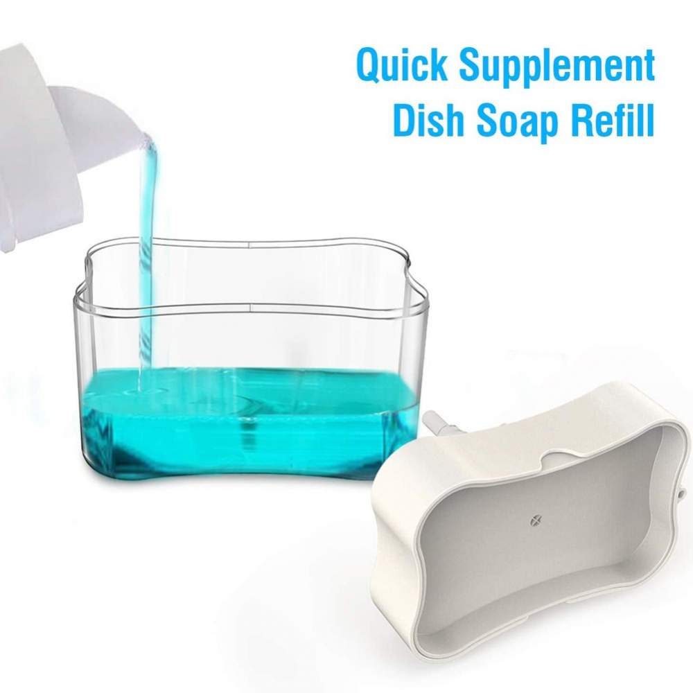 Dozator  dispenser 2 in 1 pentru detergent lichid de vase sau pentru obiecte sanitare cu suport pentru burete de bucatarie ,14 x 10.5 x 10 cm, capacitate 380 ml, alb [5]