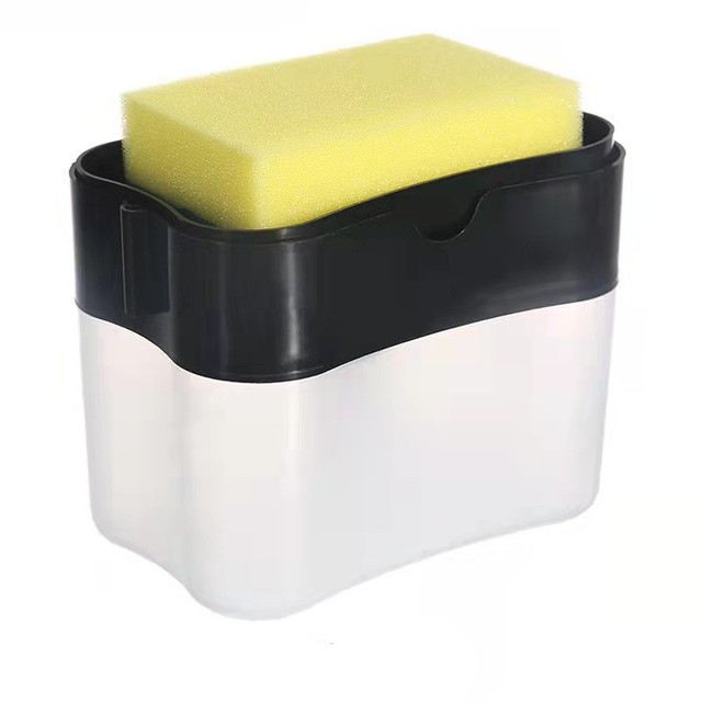 Dozator  dispenser 2 in 1 pentru detergent lichid de vase sau pentru obiecte sanitare cu suport pentru burete de bucatarie ,14 x 10.5 x 10 cm, capacitate 380 ml, negru [1]