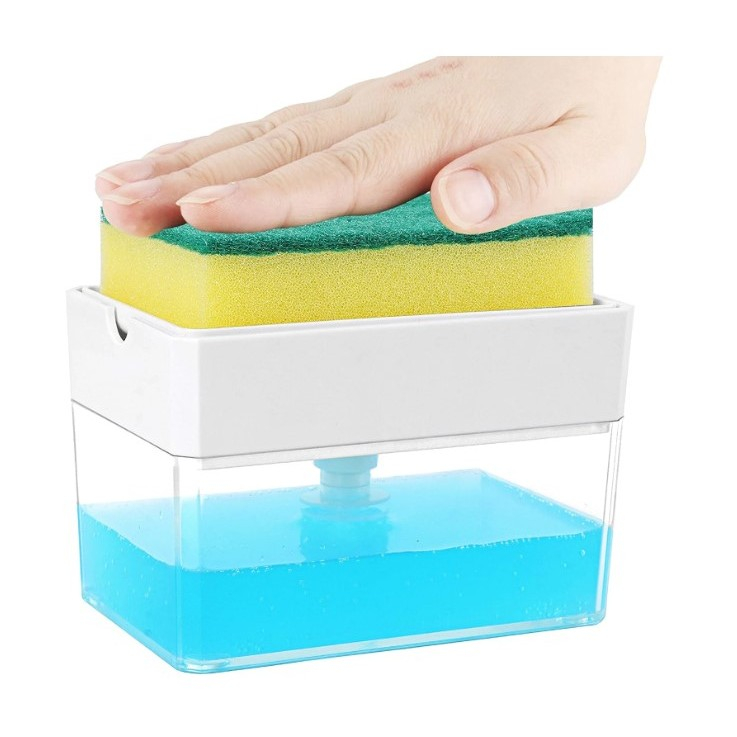 Dozator  dispenser 2 in 1 pentru detergent lichid de vase sau pentru obiecte sanitare cu suport pentru burete de bucatarie ,14 x 10.5 x 10 cm, capacitate 380 ml, alb [6]