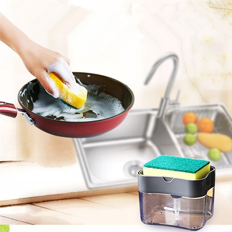 Dozator  dispenser 2 in 1 pentru detergent lichid de vase sau pentru obiecte sanitare cu suport pentru burete de bucatarie ,14 x 10.5 x 10 cm, capacitate 380 ml, negru [2]