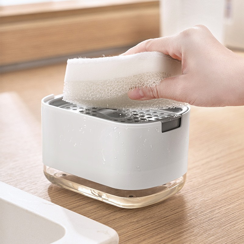 Dozator  dispenser 2 in 1 pentru detergent lichid de vase sau pentru obiecte sanitare cu suport pentru burete de bucatarie , 8.6 x 14.5 x 10 cm, capacitate 300 ml, alb [6]