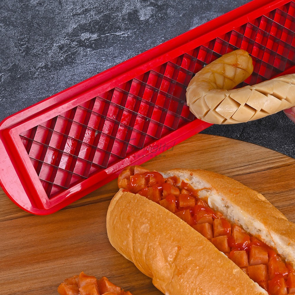 Feliator manual pentru hot-dog  crestare carnati si hot-dog, manual, potrivit pentru gratar, 29.5 x 6.5 cm, din inox si abs, rosu [7]