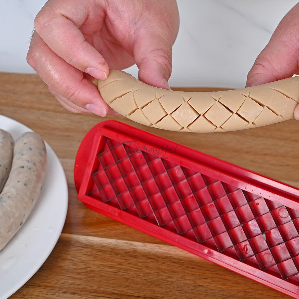 Feliator manual pentru hot-dog  crestare carnati si hot-dog, manual, potrivit pentru gratar, 29.5 x 6.5 cm, din inox si abs, rosu [5]
