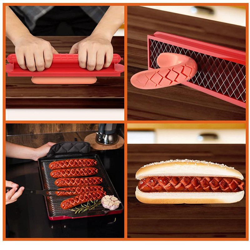 Feliator manual pentru hot-dog  crestare carnati si hot-dog, manual, potrivit pentru gratar, 29.5 x 6.5 cm, din inox si abs, rosu [3]