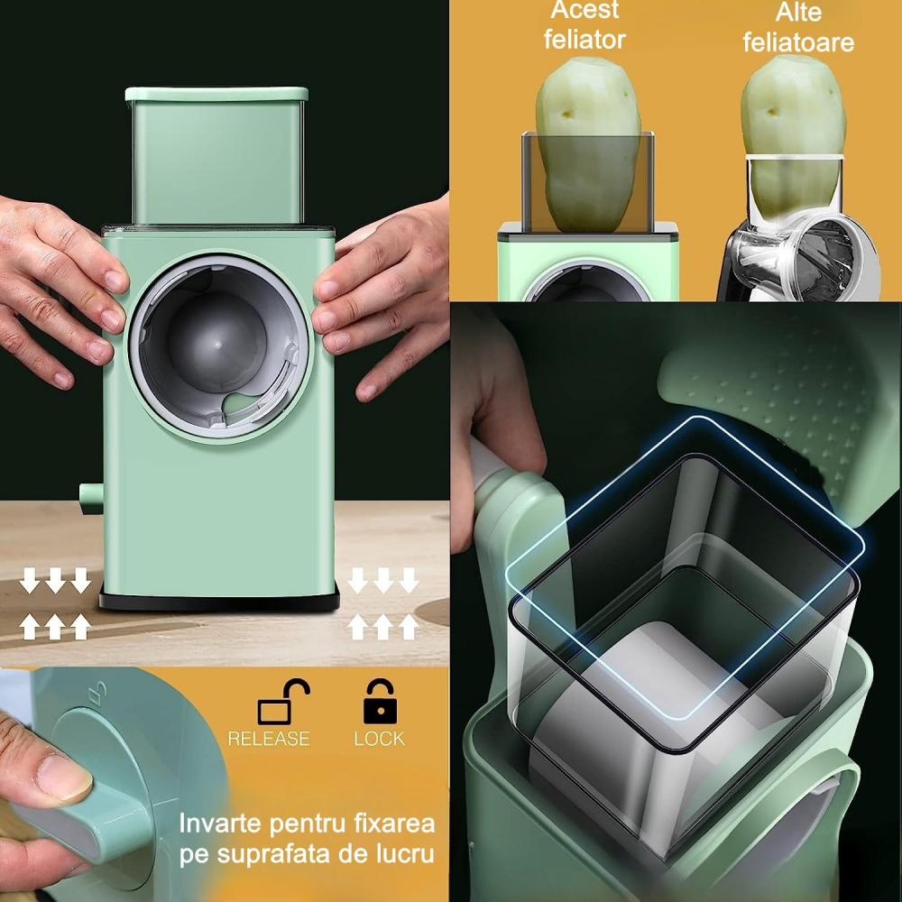 Feliator manual pentru legume  3 lame din otel inxodabil, 3 tipuri de feliere, material carcasa abs, latime maxima feliere 4 mm, baza de tip ventuza, usor si sigur de utilizat, 28.5 x 9,2 x 13.5 cm, verde [4]