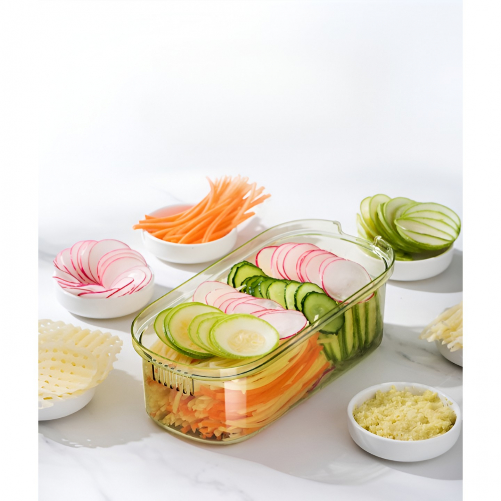 Feliator multifunctional, 3 in 1, pentru fructe si legume, 6 piese, maner, lame de inox, recipient stocare, protectie mana, abs, 35x12x9.4 cm, verde [3]