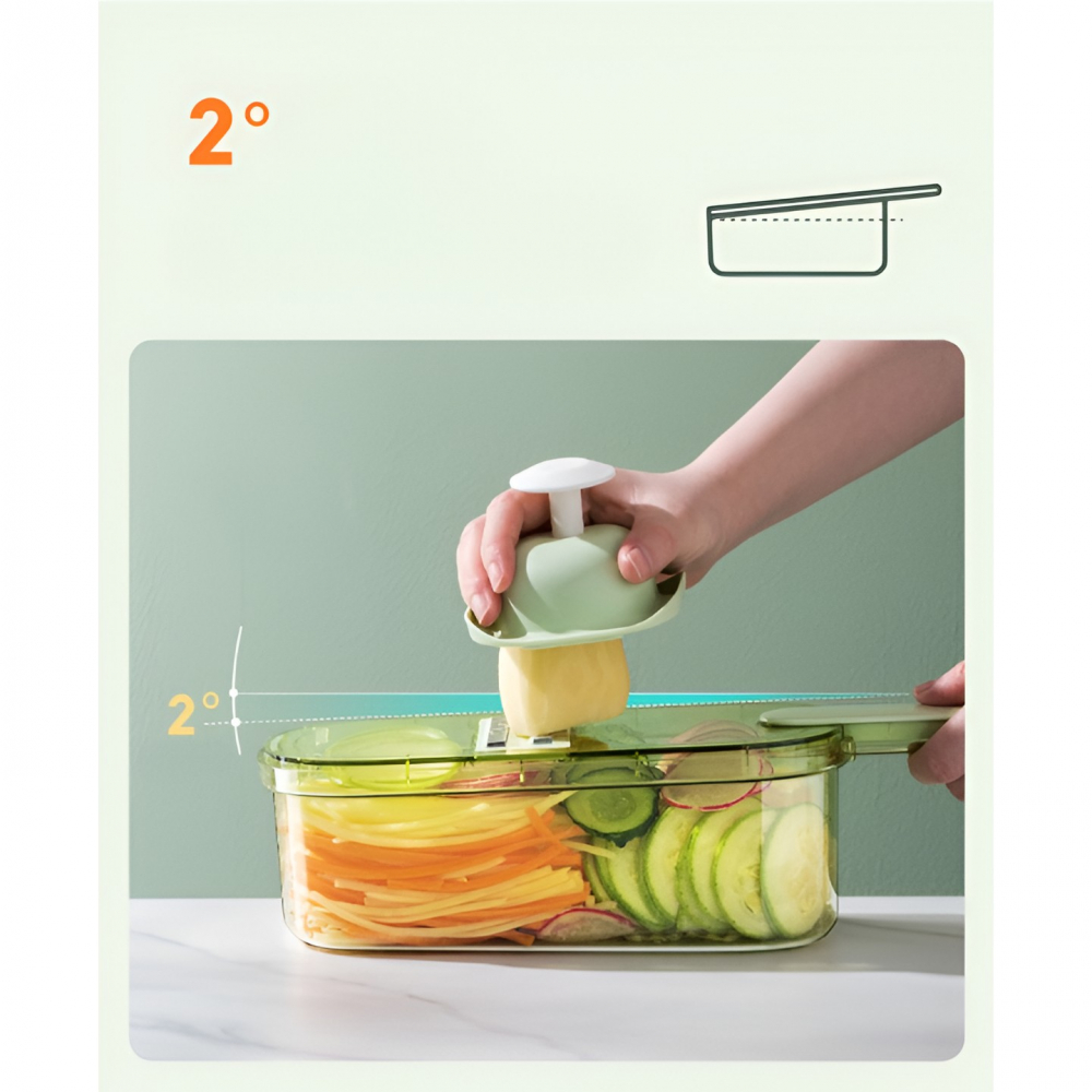 Feliator multifunctional, 3 in 1, pentru fructe si legume, 6 piese, maner, lame de inox, recipient stocare, protectie mana, abs, 35x12x9.4 cm, verde [5]