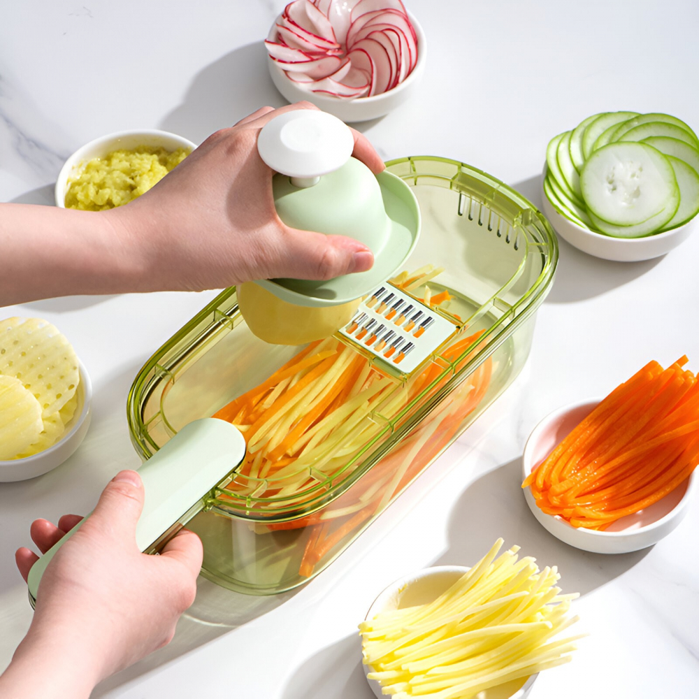Feliator multifunctional, 3 in 1, pentru fructe si legume, 6 piese, maner, lame de inox, recipient stocare, protectie mana, abs, 35x12x9.4 cm, verde [9]
