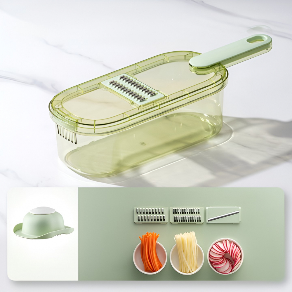 Feliator multifunctional, 3 in 1, pentru fructe si legume, 6 piese, maner, lame de inox, recipient stocare, protectie mana, abs, 35x12x9.4 cm, verde [7]