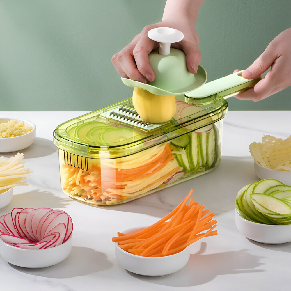 Feliator multifunctional, 3 in 1, pentru fructe si legume, 6 piese, maner, lame de inox, recipient stocare, protectie mana, abs, 35x12x9.4 cm, verde [10]