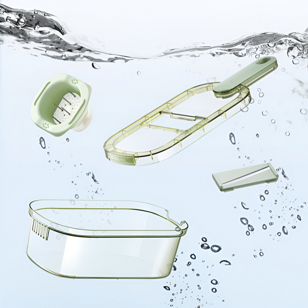 Feliator multifunctional, 3 in 1, pentru fructe si legume, 6 piese, maner, lame de inox, recipient stocare, protectie mana, abs, 35x12x9.4 cm, verde [8]