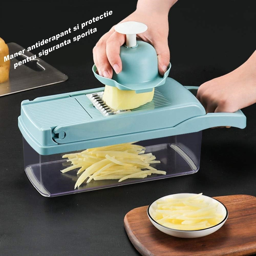 Feliator multifunctional, razatoare, 8 in 1, pentru fructe si legume, 10 piese, lame de inox, recipient stocare, separator oua, protectie mana, abs, 32.2x11.3 cm, albastru/alb [2]