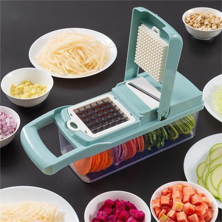 Feliator multifunctional, razatoare, 8 in 1, pentru fructe si legume, 10 piese, lame de inox, recipient stocare, separator oua, protectie mana, abs, 32.2x11.3 cm, albastru/alb [7]